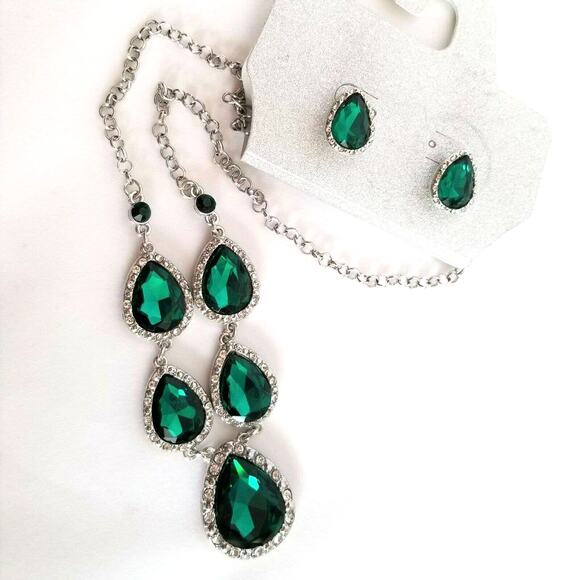 New Deep Green Rhinestone Statement Necklace Set Pierced Earring Demi Parure 18" - Picture 2 of 6